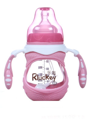 樂起240ml防摔玻璃奶瓶藍帶柄