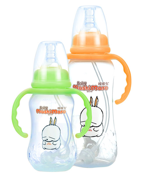 矇矇兔標口弧形帶柄PP奶瓶