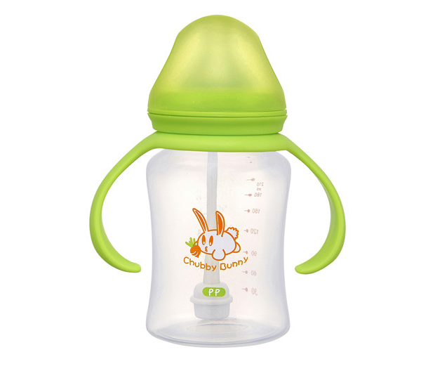 丘比兔寬口徑葫蘆型自動(dòng)把手綠色PP奶瓶210ml