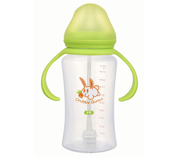 丘比兔寬口徑葫蘆型自動把手綠色PP奶瓶300ml
