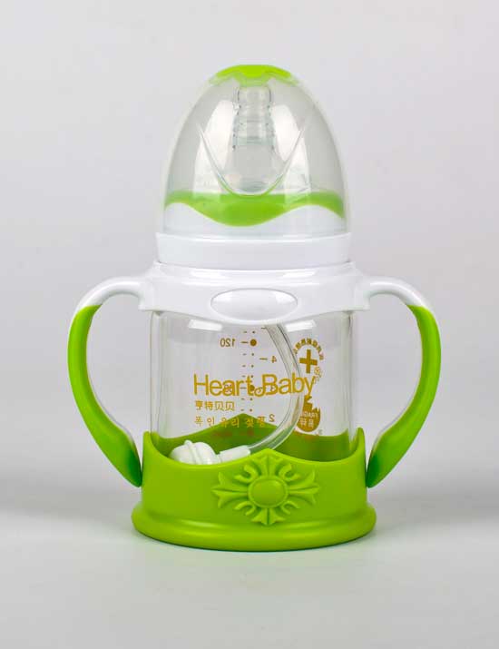 亨特貝貝玻璃防摔奶瓶140ml綠色帶手柄