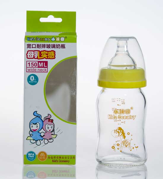 小孩國黃色寬口鈦金耐摔玻璃奶瓶150ML