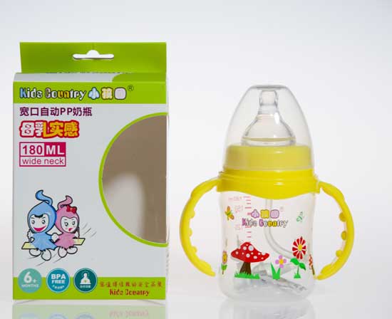 小孩國(guó)黃色寬口自動(dòng)弧形PP奶瓶180ML盒裝