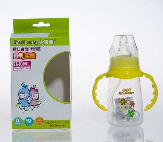 小孩國黃色標(biāo)口自動弧形PP奶瓶150ML盒裝